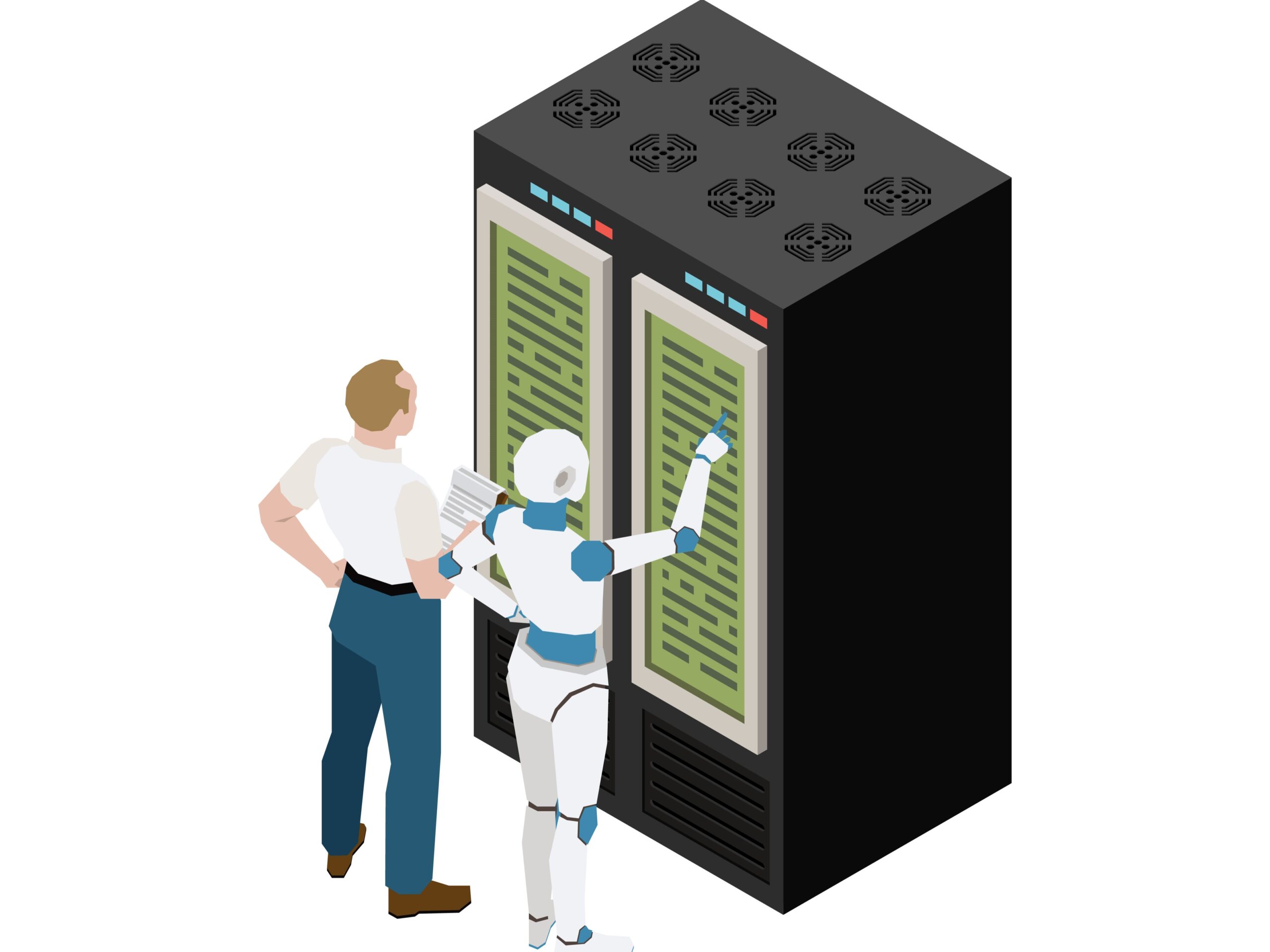 Robot a človek spolupracujú pri konfigurácii serverov v dátovom centre.