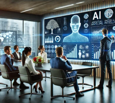 Moderná kancelária s obchodnými profesionálmi konzultujúcimi s AI špecialistom pred veľkou digitálnou obrazovkou s dátovými vizualizáciami a grafikou umelej inteligencie. Profesionálna a inovatívna atmosféra zameraná na technologický rast a obchodný úspech.