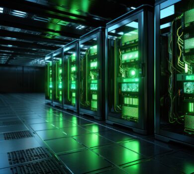 Fotografia zobrazuje moderné serverové centrum s dôrazom na AI servery. Zelené osvetlenie serverov evokuje energetickú efektívnosť a pokročilé technológie. Takýto vizuál môže byť ideálny pre marketingové materiály, blogy alebo stránky propagujúce výkonné a bezpečné AI riešenia priamo vo firemnej infraštruktúre.
