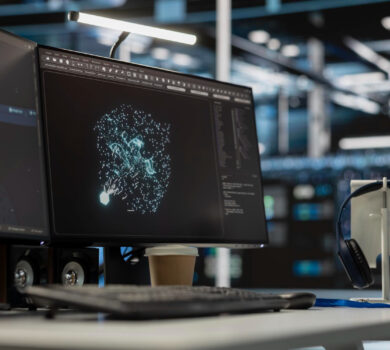 Monitor so zobrazením neurónovej siete a mozgu v modernom laboratóriu symbolizuje tréning a použitie LLM