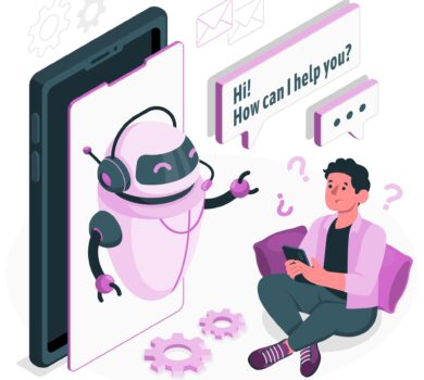 Ilustrácia robota chatbota vychádzajúceho z mobilného telefónu, ktorý komunikuje s mužom sediacim na podlahe s mobilom v ruke.