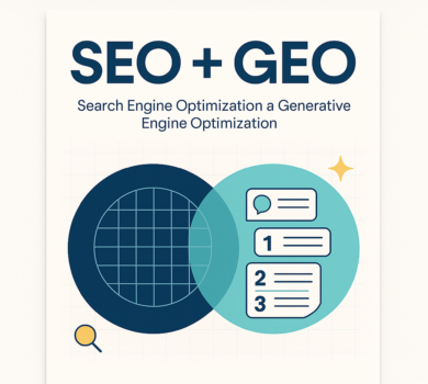 Plagát s nadpisom „SEO + GEO“ a podtitulom „Search Engine Optimization a Generative Engine Optimization“. Vennov diagram: ľavý tmavomodrý kruh s mriežkou a malou lupou (SEO), pravý tyrkysový kruh s kartami a číslami 1–3 (GEO); jemná hviezdička vpravo.