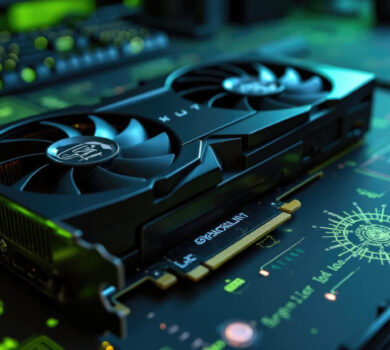 Výkonná grafická karta položená na stole s technickým podsvietením a schémami v pozadí