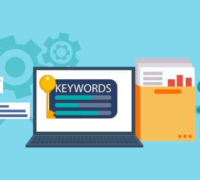 Ilustrácia SEO s notebookom a kľúčom, ktorý symbolizuje keywords, grafmi a ikonami zobrazujúcimi význam kľúčových slov v online vyhľadávaní.