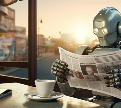 Humanoidný robot sedí v kaviarni a pri rannom svetle číta noviny, na stole má bielu šálku kávy.