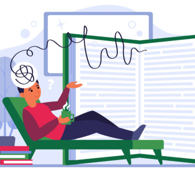 Muž leží v kresle s knihou a šálkou, nad hlavou má zamotanú čiaru znázorňujúcu zmätok alebo halucinácie pri čítaní a chápaní textu.