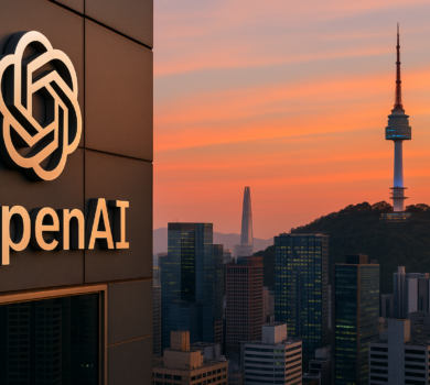 Budova s logom OpenAI v Soule počas západu slnka, v pozadí panoráma mesta s N Seoul Tower a mrakodrapom Lotte World Tower.