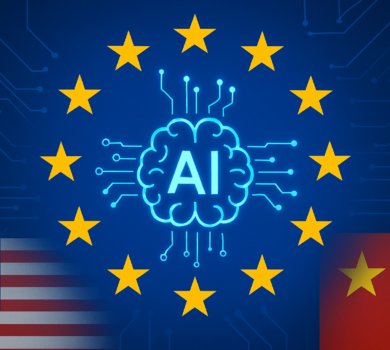 Ilustrácia s AI symbolom uprostred, obklopeným hviezdami vlajky Európskej únie. V pozadí sú vlajky USA a Číny, znázorňujúce globálnu konkurenciu v oblasti umelej inteligencie.