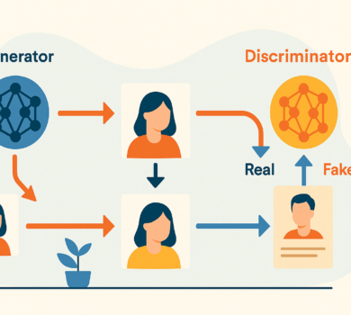 Vizualizácia GAN siete: generátor vytvára tváre, ktoré sú následne posudzované diskriminátorom ako „reálne“ alebo „falošné“.