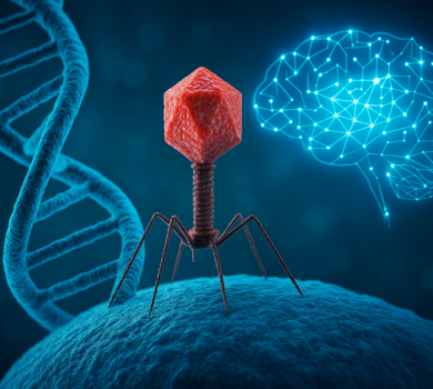 3D ilustrácia zobrazujúca umelú inteligenciu a vírusový genóm – červený bakteriofág stojí na povrchu bunky, vľavo je špirála DNA a vpravo digitálny mozog znázorňujúci AI.