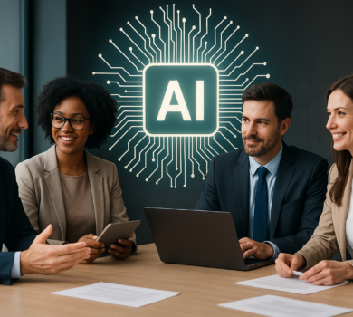 Štyria profesionáli sedia pri rokovacom stole v modernej kancelárii a diskutujú. V pozadí svieti digitálny symbol AI s prepojeniami, ktorý symbolizuje umelú inteligenciu.
