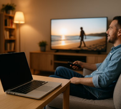 Muž sedí na gauči v obývačke a sleduje televíziu, zatiaľ čo na stole pred ním je položený otvorený notebook.