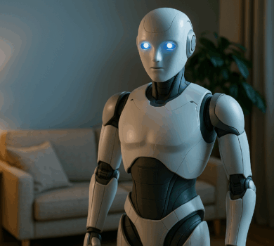 Humanoidný robot s bielym a sivým telom a žiariacimi modrými očami stojí v modernej obývačke, v pozadí je sedačka, lampa a izbová rastlina.