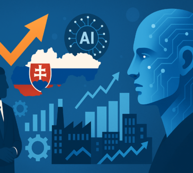Ilustrácia znázorňujúca vplyv umelej inteligencie na slovenskú ekonomiku – v popredí AI hlava, v pozadí mapa Slovenska, grafy rastu a továrne.