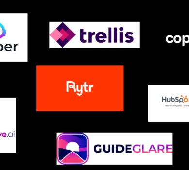 Logá AI nástrojov pre tvorbu a správu obsahu, vrátane Jasper, Trellis, Copy.ai, Rytr, HubSpot AI, AdCreative.ai a GuideGlare.