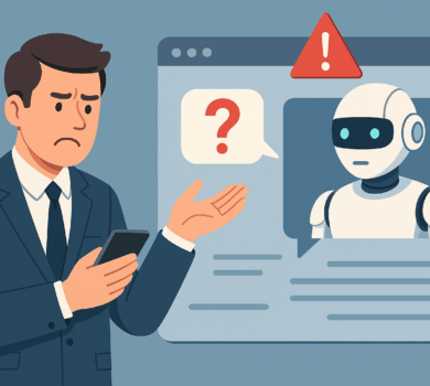 Podnikateľ v obleku sedí pred notebookom a frustrovane si drží hlavu v dlaniach, zatiaľ čo na obrazovke svieti okno konverzácie s neúspešným AI chatbotom.