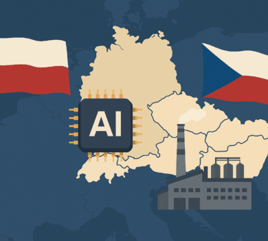 Mapa strednej Európy so zvýrazneným Poľskom a Českom, medzi ktorými sa nachádza AI mikročip a továreň. Na bokoch vlajú poľská a česká vlajka.