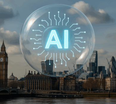 Panoráma Londýna s digitálnou bublinou nad mestom, v ktorej sa nachádza svietiaci AI mikročip. Naľavo Big Ben, v pozadí moderné mrakodrapy City of London.