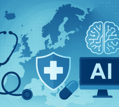 Mapa Európy s ikonami umelej inteligencie, zdravotníctva a medicínskeho vybavenia – stetoskop, štít s krížom, mozog so sieťou a monitor s nápisom AI – znázorňuje prepojenie AI technológií so zdravotnou starostlivosťou v Európe.