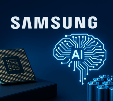 Procesorový čip, AI mozog a batérie na modrom pozadí, symbolizujúce technologické investície spoločnosti Samsung.