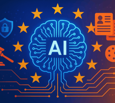 Digitálna ilustrácia obvodu umelej inteligencie v tvare mozgu, obklopeného hviezdami EÚ, ikonami zákonov, údajov a súkromia