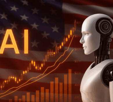 Humanoidný robot pozoruje rastúce finančné grafy s oranžovým podsvietením, na pozadí je americká vlajka, znázorňujúca vplyv umelej inteligencie na ekonomiku USA.