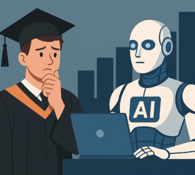 Mladý muž v promočnej róbe premýšľa vedľa humanoidného robota pri notebooku, symbolizujúc konkurenciu medzi absolventmi a umelou inteligenciou.