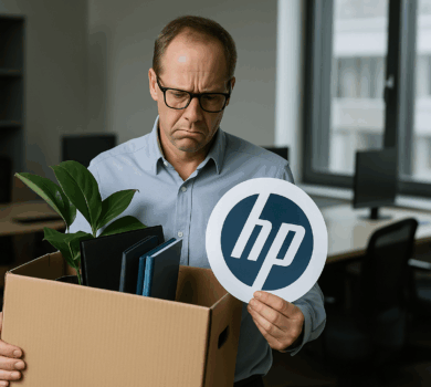 Zamestnanec s kartónovou škatuľou a logom HP opúšťa kanceláriu po prepustení, v pozadí moderné pracovné miesto.