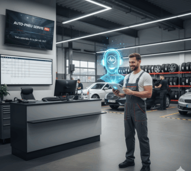 Mechanik v autoservise drží tablet a usmieva sa na vznášajúcu sa holografickú ikonu AI hlasového asistenta s vlnami zvuku, ktorá symbolizuje automatizovanú komunikáciu a pokrok.