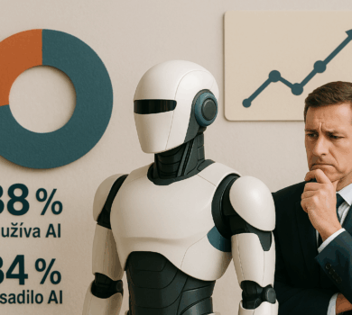 Humanoidný robot a zamyslený manažér pred grafmi znázorňujúcimi mieru adopcie umelej inteligencie vo firmách.