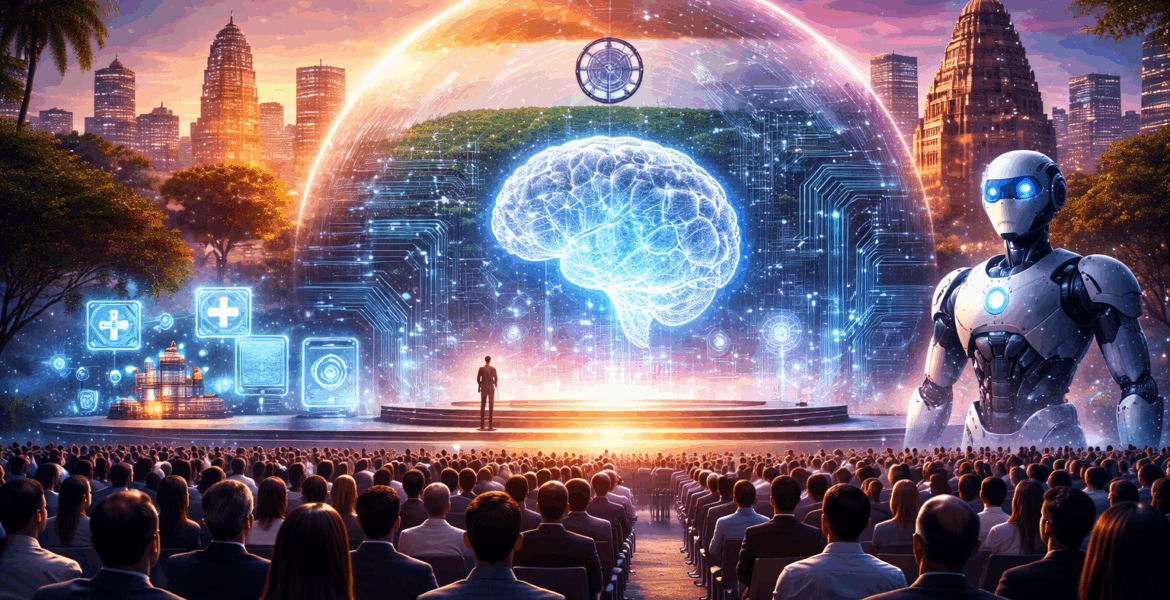 Futuristický AI summit v Indii s davom účastníkov, hologramom mozgu a robotom na pódiu, v pozadí mestská panoráma Bhubaneswaru pri západe slnka.