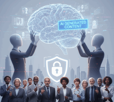 Digitálna ilustrácia zobrazujúca obrovský, žiariaci mozog symbolizujúci AI, ktorý držia dve bezpohlavné postavy, s nápisom "AI GENERATED CONTENT". Pod nimi stojí rôznorodá skupina ľudí s otáznikmi a lupami, zatiaľ čo v pozadí je symbol štítu so zámkom nad siluetou mesta.