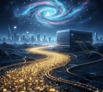 Nočná krajina s futuristickým dátovým centrom napojeným na svetelnú cestu z mincí, vedúcu k rôznym ikonám partnerov. Na oblohe žiari galaxia symbolizujúca umelú inteligenciu.