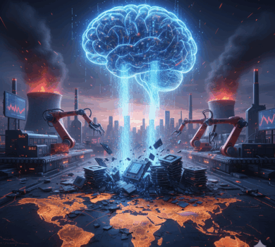 Dramatická digitálna ilustrácia zobrazujúca žiariaci digitálny mozog (AI) vznášajúci sa nad rozbitými počítačovými čipmi a maticou obvodov v tvare mapy sveta. V pozadí sú továrne s dymiacimi komínmi a robotické ramená pracujúce na montážnej linke, všetko pod tmavou, dramatickou oblohou.