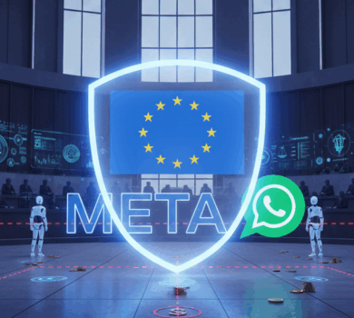 Digitálne vyobrazenie súdnej siene s futuristickými robotmi reprezentujúcimi AI chatboty. V strede je neónový štít s vlajkou EÚ a textom "META", spojený s ikonou WhatsApp.