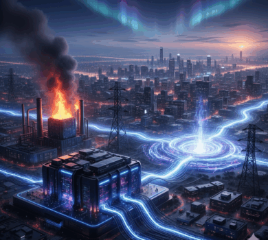 Nočná panoráma rozsiahleho mesta s gigantickým dátovým centrom napojeným na svetelné energetické toky, ktoré sa rozvetvujú po celom meste. V pozadí je elektráreň s horiacim komínom a obloha so svetlami polárnej žiary.