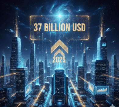 Futurálne nočné panoráma mesta s mrakodrapmi osvetlenými modrými a zlatými svetlami. Nad mestom sa vznáša holografická projekcia s číslom "37 BILLION USD" a rokom "2025" s ikonou šípky smerujúcej nahor.
